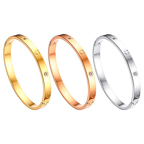 JewelryWe Schmuck 3pcs Damen Armreif Edelstahl Zirkonia Herz Prägung Armband 6mm breit mit Schließe Armspange Gravur Silber Gold Rosegold