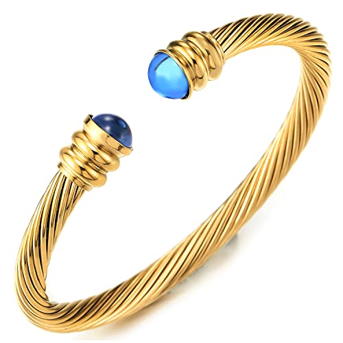 COOLSTEELANDBEYOND Elastische Verstellbare-Klassische Gold Edelstahl Herren Damen Armband Verdrehten Stahlkabel Armreif mit Blau Wulst