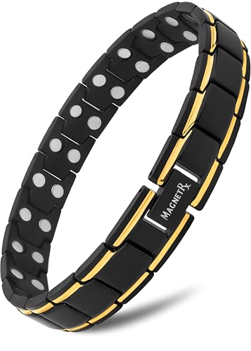 MagnetRX® Ultrastarkes Magnetarmband – Magnetbänder für Herren – Herrenarmband längenverstellbar mit Größenbestimmungswerkze ug (Schwarz & Gold)