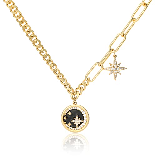 MESOVOR Mond Stern Anhänger Halskette Damen, 16 Karat Vergoldete Büroklammer-Halskette | Funkelnde Zirkon-Halskette für Damen und Mädchen (Schwarz)