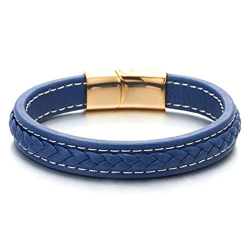 COOLSTEELANDBEYOND Herren Damen Blau Geflochtenes Leder Lederarmband Armband Armreif mit Weiß Stiche Gold Edelstahl Magnetisch Verschluss