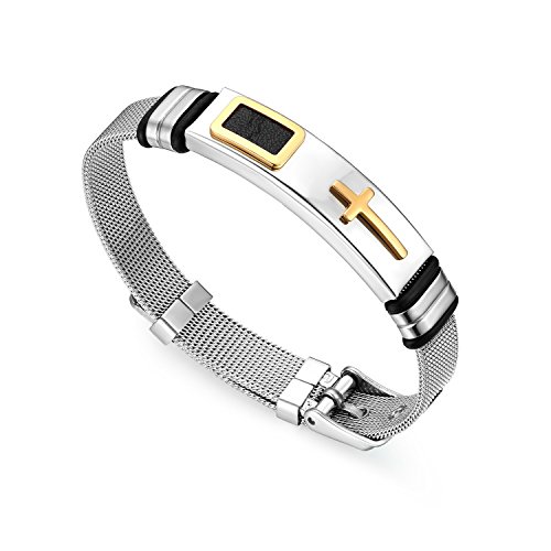 JewelryWe Schmuck Herren Armband, Klassisch Kreuz Mesh Kette Armreif, Edelstahl Gummi Kautschuk, verstellbare Größe, Gold Silber, Kostenlose Gravur