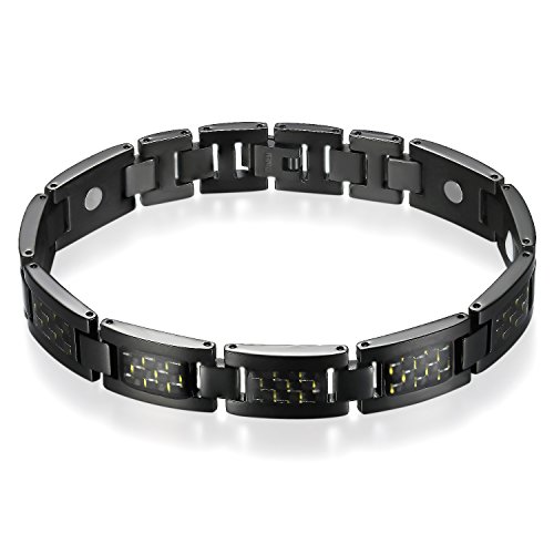 Flongo Herren Magnetarmband Titan Magnet Therapie Kugel Perle Perlen Armband Armreif Magnetarmband mit Kohlenstoff Carbon Fiber Kohlefaser Schwarz Gold Gesundheit breit Poliert Herren Männer