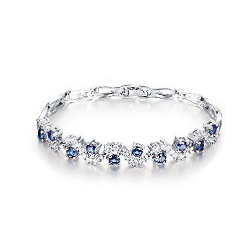 Crystalline Azuria Tennisarmband mit Blauer simulierter Saphir Zirkonia Kristalle 18 kt Weiß Vergoldet für Damen 19 cm