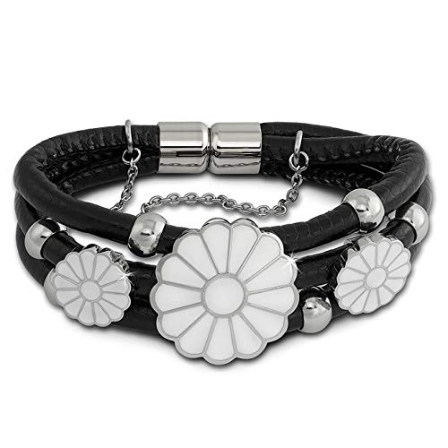 Amello Verschluss Armband schwarz Silber weiß Damen Leder Edelstahl LAQ021S1 Leder Armband