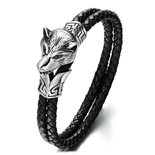 COOLSTEELANDBEYOND Wolfskopf Armband Geflochtenes Leder-Armband für Herren aus Edelstahl und Schwarz Echtem Leder