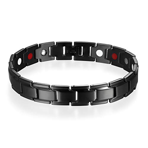 Flongo Herren, 12mm Groß Breit Titan Therapie Kugel Perle Perlen Armreif Link Handgelenk Schwarz Gesundheit Biker Magnetschmuck Herrenarmband