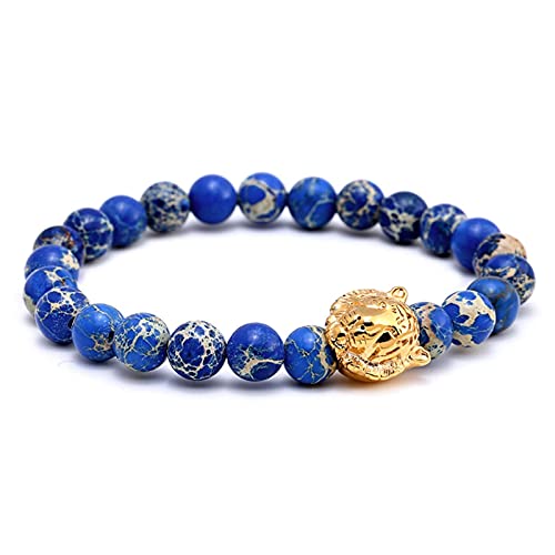 Chtom Armband Perlen, Stein Herren Armband Männer Schmuck Imperial Stein Löwe Kopf Armband Buddha Perlen Armbänder Armreifen (Color : Gold, Size : 215MM(8.5in))