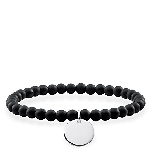 Thomas Sabo Damen-Armband Love Bridge Perlen aus mattiertem Obsidian mit Gravurscheibe 925 Silber Quarz schwarz 16.5 cm - LBA0114-023-11-L16,5