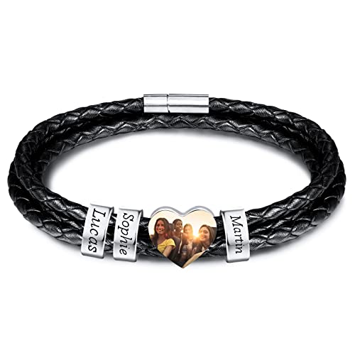 INBLUE Personalisierte Namen Armbänder Herren Gravur Lederarmband Edelstahl Silberne Perlen Anhänger Schmuck Geschenke für Männer Papa Familie Damen (Silber, Herz 2 Perle)