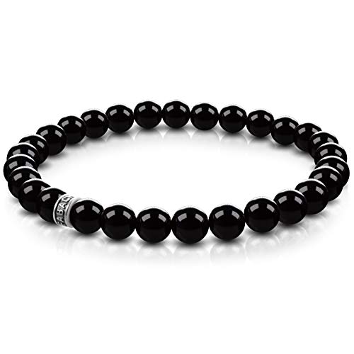 FABACH Onyx Perlenarmband mit 6mm Edelstein-Perlen und 925 Sterling Silber Logo-Perle - Edles Naturstein Stretch-Armband für Damen (Schwarz glänzend)