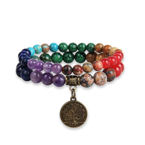 GD GOOD.designs Chakra Armband echte Steine - Edelstein Perlenarmband Set mit Lebensbaum Anhänger I Kugelarmband aus Naturstein Perlen
