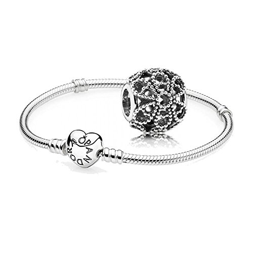 Original Pandora Geschenkset - 1 Silber Armband 590719-19 mit Herz Schließe + 1 Silber Charm 791282 Rosen