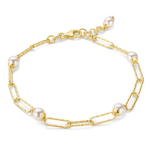 MIORE Schmuck Handgefertigt in Italien, Armband Damen Silber 925, Armband Vergoldet 18K Gold, Paperclip Perlenarmband Damen, Silber Armband mit Perlen