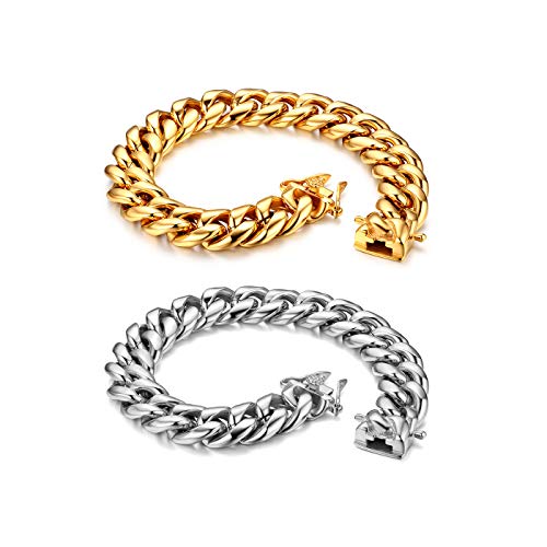 JewelryWe Herren Armband Edelstahl Panzerkette: 2pcs Top Qualität Klassische Einfache Panzerarmband Armkette Armreif mit Sicherheitsschließe Geschenk für Männer Gold Silber