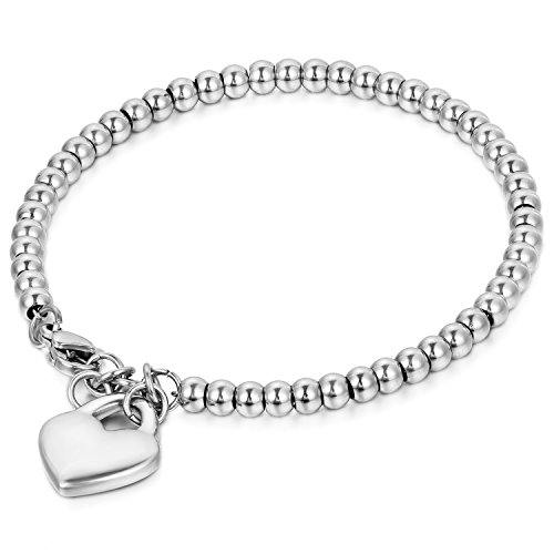 OIDEA Damen mit Herz Perlenkette Edelstahl, Armreif Kugel für Mädchen, Silber