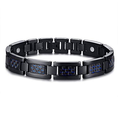 ZHHAOXINJE Titan Stahl Armband, Magnetische Herren-Armband aus Schwarzen Titan mit Blauen Carbon Fiber, Blue