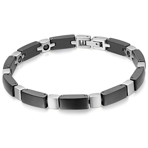 JewelryWe Schmuck Herren Damen Armband, Keramik Edelstahl, Kreuz Link Charm Armreif Partnerarmband, Schwarz Silber