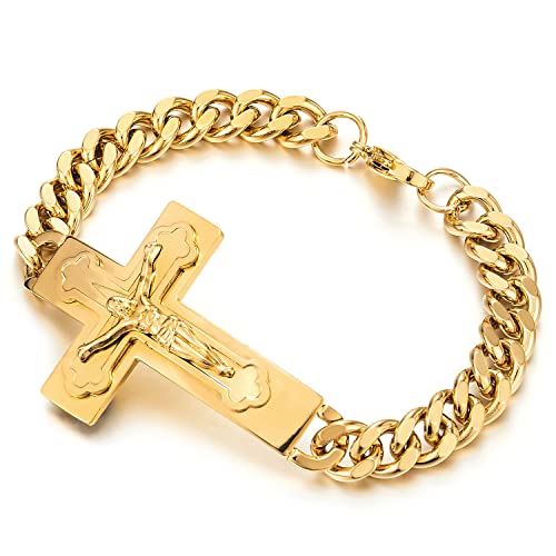 COOLSTEELANDBEYOND Herren Edelstahl Jesus Christus Kruzifix Kreuz-Armband Panzerkette Armband Poliert Farbe Gold