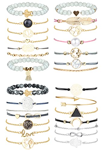 JeweBella 28 Stück Böhmen Armband Set für Damen Mädchen Verstellbare Manschette Mehrschichtige Armband Anhänger Türkis Form Perlen und Quaste Elastisches Armband Geschenk Schmuck