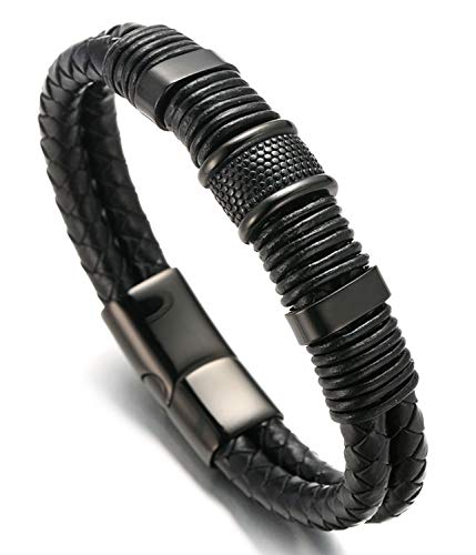 Halukakah ? Solo ? Herren-Armband Handgefertigt | Echtleder Schwarz | Magnetverschluss Edelstahl in Schwarz | mit Titan Perlen in Schwarz | KOSTENLOS Geschenkbox | Tolle Geschenkidee | 21.5cm