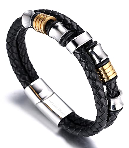 Halukakah Herren Echtes Lederarmband mit Titanperlen Gold/Silber/Schwarz Magnetverschluss Größe Einstellbar 21.5-23cm mit Gratis Geschenkbox (Gold Silber 21.5cm)
