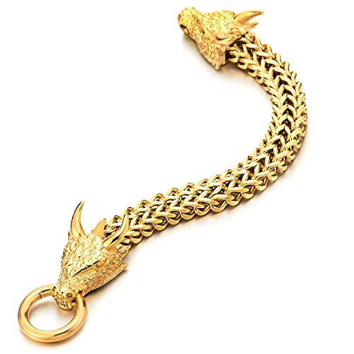 COOLSTEELANDBEYOND Herren Gold Quadrat Franco Kette Panzerkette Armband Edelstahl Drachen Kopf mit Schuppe Spitzte Horn Federringverschluss