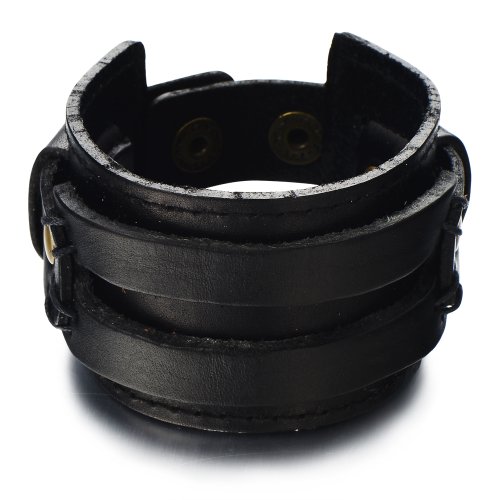 COOLSTEELANDBEYOND Schwarze Herren Lederarmband Große Echtes Leder Schweißband mit Druckknöpfe