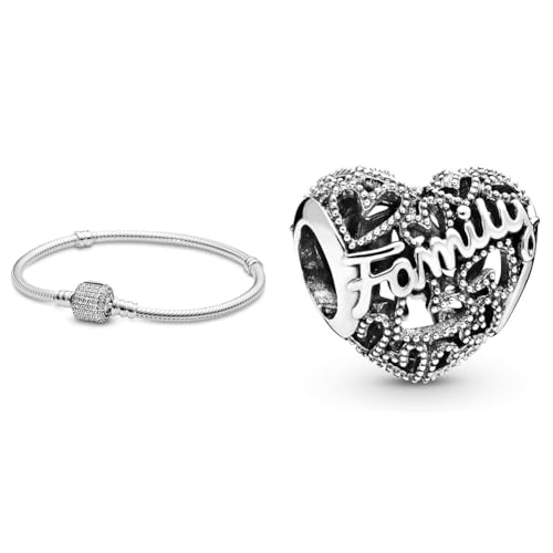 Pandora Damen-Armband Pavé-Kugelverschluss 925 Silber Zirkonia weiß 20 cm - 590723CZ-20 & Family Herz Charm Sterling-Silber 8,6 x 10,8 x 11,5 mm (T/H/B)