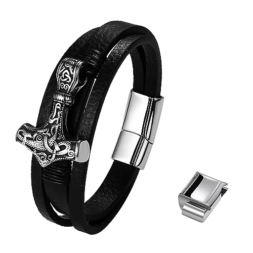 Flongo Leder Armband Herren Thors Hammer Wikinger Lederarmband schwarz silber Edelstahl Mjölnir Gravur Kette Viking leather schmuck mehrschichtig geflochten Lederband für Männer Damen mit Geschenkbox