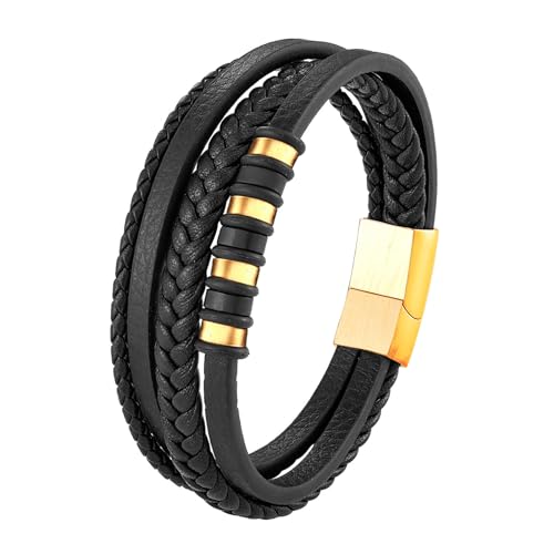 Armband Herren Leder Schwarz/Gold,Herren Lederarmband Mit Silbrig,Herren Armband Leder Schwarz,Lederarmband FüR MäNner (Gold)