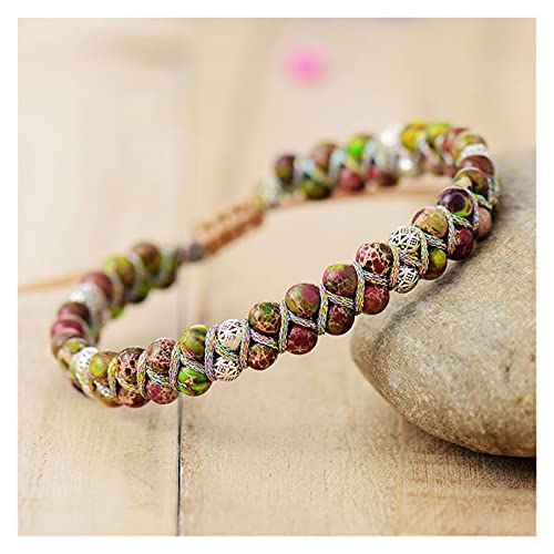 LSTGJ Natürlicher Stein Perlen Wrap Armbänder Schnur Geflochtene Yoga Freundschaft Armband Armreif Schmuck (Metal Color : Green P)