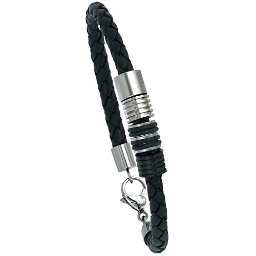 Jobo Herren Armband Leder schwarz mit Edelstahl und Kautschuk 21 cm Lederarmband