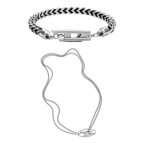 Diesel Herren Silber-Ton Edelstahl Armband und Halskette, Set