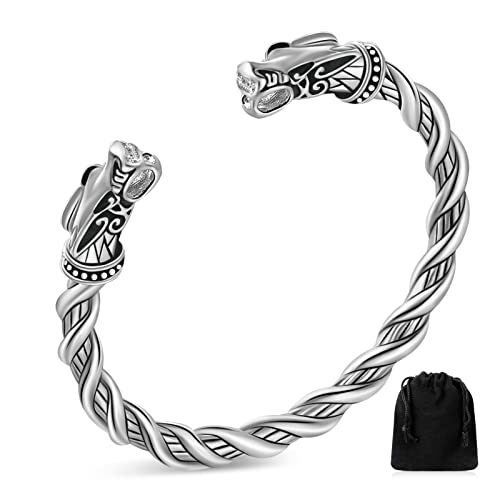 BBTO Doppeltes Drachenkopf Armband für Herren Verstellbares Wikinger Armband Verdrehter Drachen Armreif Nordisches Armband Polierter Manschette Armreif Cooler Schmuck für Erwachsene (Silber)
