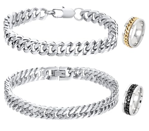 UYDF Männer Armband Silber,Herren Armband Silber,Armband Silber Herren,Armkette Herren,Silber Armband Männer,Silberarmband Herren Armband Edelstahl,8mm& 7.5mmBreit/19CM Lang,mit Zwei Ringen