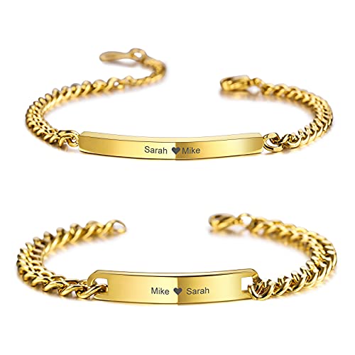 MunkiMix 2 Stück Personalisierte Paar Armbänder Set Benutzerdefinierte Gravur Name für Männer Frauen Freund Freundin Edelstahl Bar Einstellbar Bordstein Link Liebe Beziehung Valentinstag (Gold Farbe)