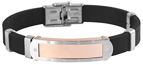 Akzent Kautschuk Schwarz mit Edelstahl Elementen in Silberfarben Rosegoldfarbig mit Gravurplatte 3595000046 und Hakenverschluß Länge 22cm Breite 12mm