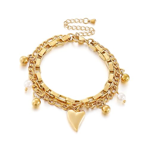 Musihy Damen Armbänder Gold, Edelstahl Einfaches Doppellagiges Kettenarmband mit Kugeln und Herz-Anhänger 18+5cm Länge für Damen