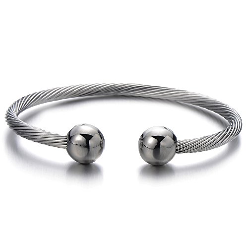 COOLSTEELANDBEYOND Elastische Verstellbare-Edelstahl Magnetische-Armband für Herren Damen Verdrehten Stahlkabel Armreif Farbe Silber Poliert