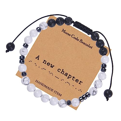 Epinki 6mm Naturstein Armbänder Morsecode A New Chapter für Damen & Herren, Perlen Armband, für Ihn & Sie, 30CM (Schwarz Weiß)