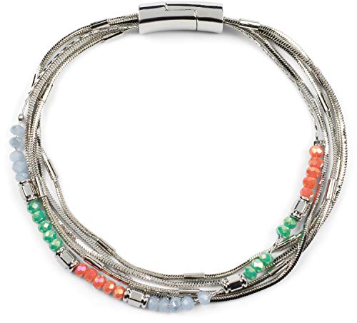 styleBREAKER Damen Armband mit feinen Schlangenketten und Kunststoff Perlen, Magnetverschluss, Armschmuck, Schmuck 05040179, Farbe:Silber/Bunt