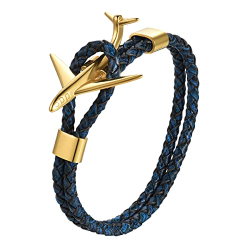 JewelryWe Lederarmband Flugzeug für Herren Damen: Blau Echt Leder Geflochten Kordelkette Manschetten Armband Armreif mit Gold Edelstahl Flugzeug Verschluss - Geschenk für Piloten & Flugzeugfans