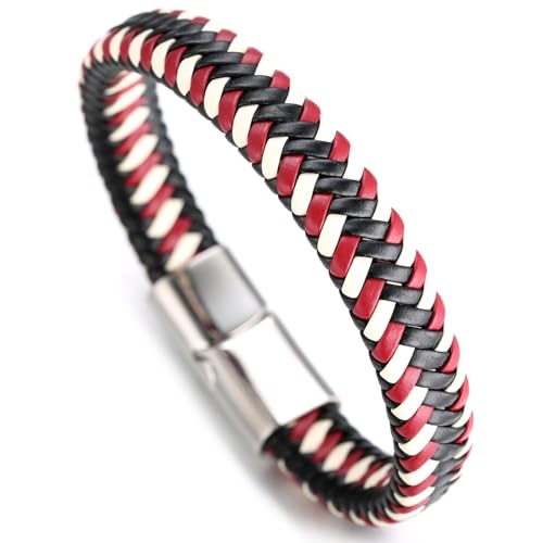 Halukakah ? Jazz ? Herren-Armband Handgefertigt | Echtleder in Sport Rot & Weiß | Magnetverschluss aus Edelstahl in Silber | KOSTENLOS Geschenkbox | Tolle Geschenkidee | 21.5cm