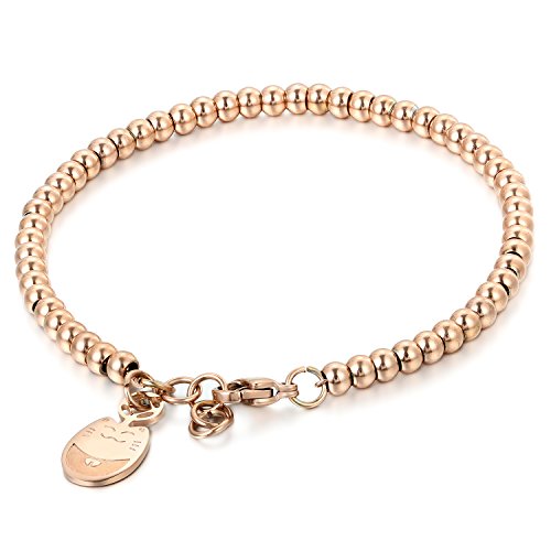 JewelryWe Katze Armband Perlenarmband Damen: Rosegold Edelstahl Charme Perlen Armband Verstellbar Handgelenk Kugel Perlenkette Armreif mit Lucky Cat Glückskatze Anhänger Geschenk für Frau Mädchen
