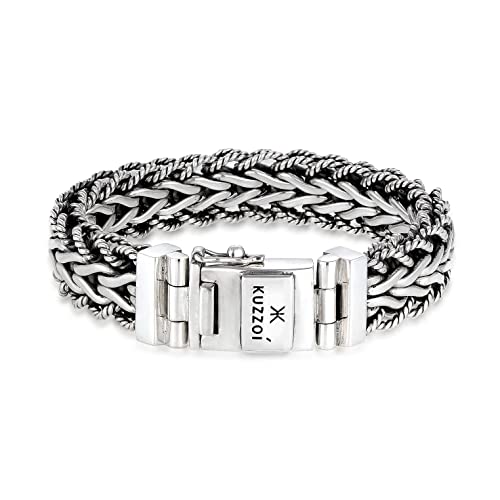 Kuzzoi handgefertigtes Silber Panzer-Armband aus massiven 925er Sterling Silber oxidiert mit Kastenverschluss und Logo Gravur, 15mm breit, 95g schwer, Länge 21 cm