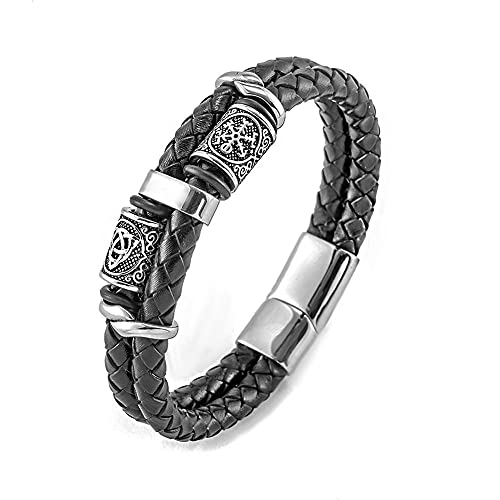 WDBAYXH Armband aus geflochtenem Leder, schwarz, für Herren, Wikinger, Kompass aus Edelstahl und Perlen mit keltischem Knoten mit Magnetverschluss, Schmuck, Armband aus mehrschichtiger Kordel