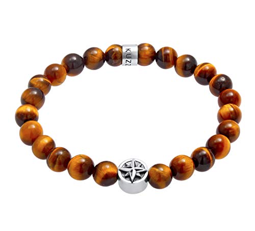 Kuzzoi Buddha Herren Armband aus 925 Sterling Silber oxidiert, Naturstein Armband Tigerauge mit Silber Beads, Maritimes Windrose-Kompass Symbol, elastisch, Energiearmband, Länge 21 cm