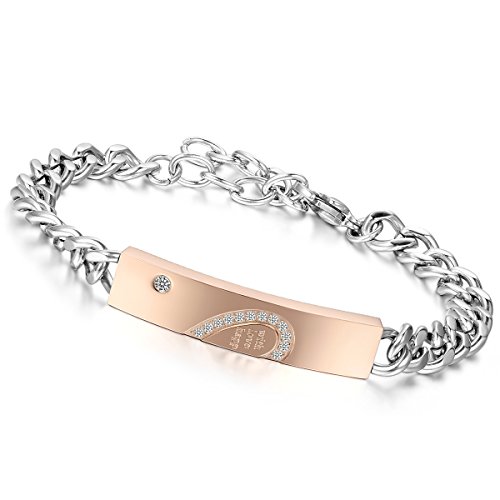 Flongo Partnerarmband Armband with Wish Love and Happiness Gravur Herz Edelstahl Armreif Armkette Link Handgelenk Zirkonia Zirkon Silber Rose Gold Panzerkette Kette Herren,Damen