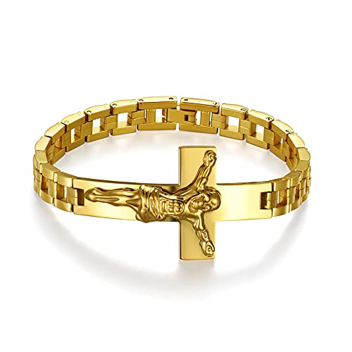 JewelryWe Schmuck Herren Armband mit Jesus Christus Kreuz Edelstahl Kruzifix Biker Link Handgelenk Armreif Armspange Vatertag Geschenk Gold